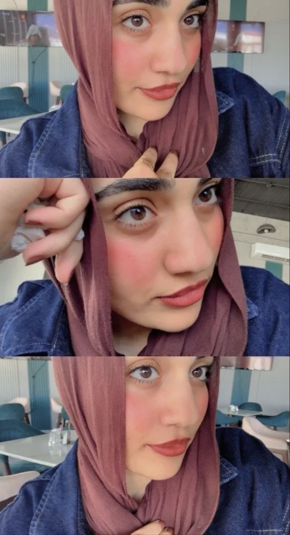 Three photos of you in a pink scarf, with your beautiful honey-colored eyes