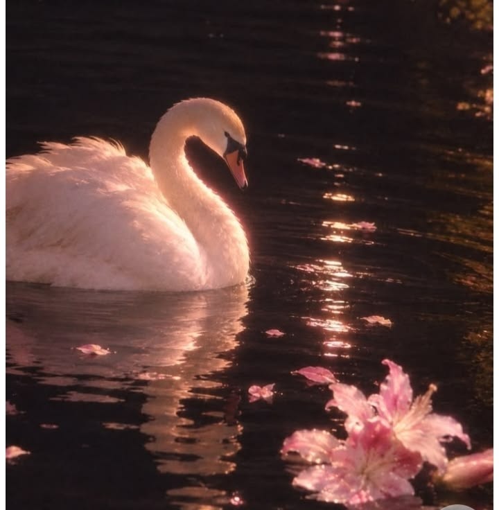 A swan glowing in warm pink light on the water